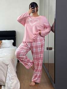 Slumberry CURVE Bộ đồ ngủ tay dài họa tiết kẻ caro hình trái tim cỡ lớn dành cho nữ, trang phục mùa thu đông - Nhiều màu - Xem 4