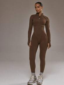 Musera Sport 撞色滚边拉链露背修身长袖连体裤，适合板式网球、运动健身、瑜伽、普拉提、日常休闲穿着。 - 咖啡棕 - 查看 4