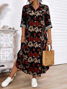 SHEIN 大码前扣长袖豹纹休闲长连衣裙女装 - 黑色 - 查看 4