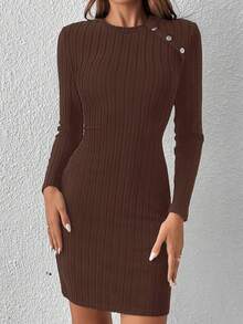 SHEIN Frenchy 女式纯色简约休闲圆领长袖连衣裙 - 棕色 - 查看 7