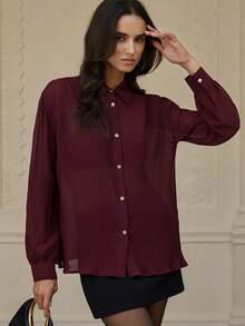 Aveloria Rosie Blusa elegante y versátil de mujer con mangas largas, de diseño plisado de gasa estilizante y de moda - Burdeos - Ver 3