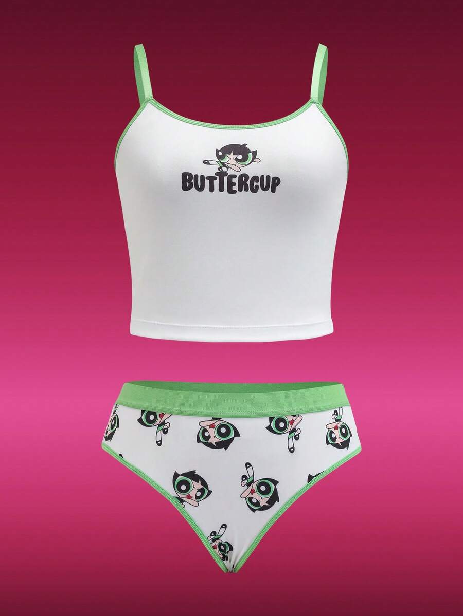 THE POWERPUFF GIRLS X SHEIN 女士可爱卡通字母印花撞色包边吊带背心和内裤套装 - 白色 - 查看 1