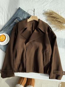 LYSMO Plus Size Brown Herringbone Plus Size Short Windbreaker, Autumn/Winter - Brown - View 8