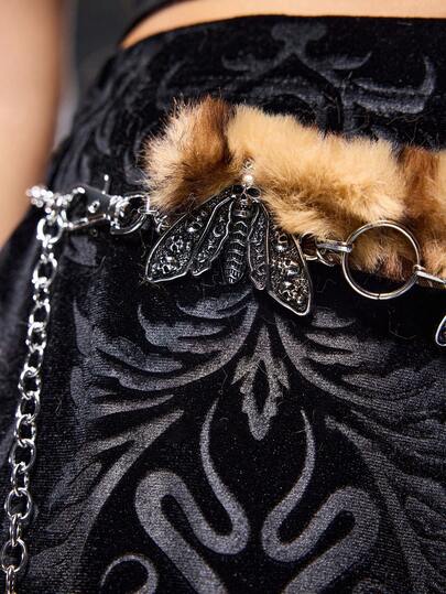 Goth Retro Skull And Butterfly Design Lady's Waist Chain, Leopard Yellow Imitation Fuzz, Halloween