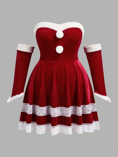 CovetEZ Plus Size Sexy & Contrast Lace Holiday Strapless Dress, Suitable For Christmas, Halloween, Party/Winter