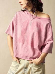 Bohemela 女士休闲纯色针织圆领宽松短袖T恤 - 粉色 - 查看 3