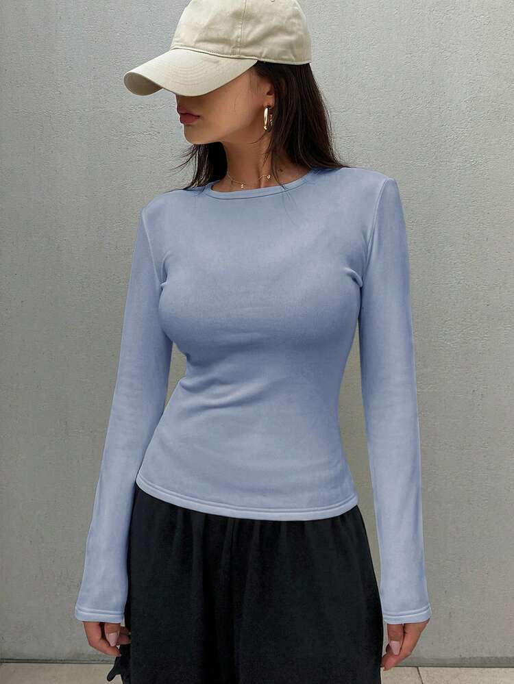 Women's Solid Color Round Neck Slim Fit Thermal Lined Long Sleeve T-Shirt, Autumn/Winter