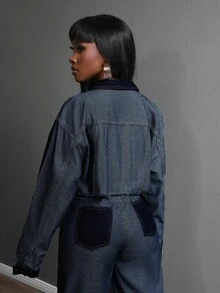 Slaydiva Women's Summer Casual Contrast Color Front Button Frayed Hem Cropped Denim Jacket - Blue - View 2