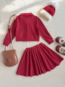 SHEIN 2pcs Young Girls Elegant School Style Christmas Red Striped Collared Cardigan And Mini Skirt Set,Perfect For Autumn,7th Birthday,Parties,Daily Wear - Red - View 3