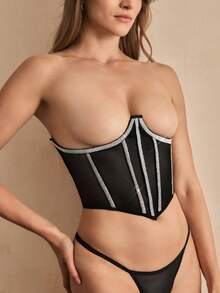 SHEIN 黑色闪光弹力带，有骨，钢骨，提升，束腰，瘦身，塑形，性感，网眼嵌入，透视，舒适，浪漫，法式，轻松舒适，时尚秋季女式束腰带 - 黑色 - 查看 5