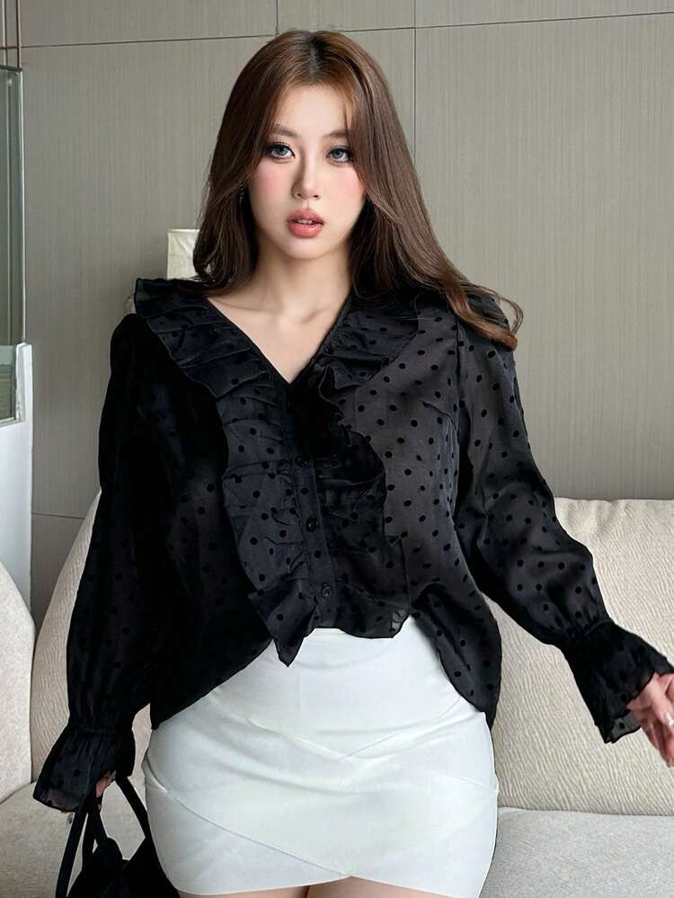 Dazy Plus Polka Dot Patchwork Ruffle Collar Elegant Flare Sleeve Loose Long Sleeve Black Blouse