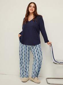 LUVLETTE Autumn And Winter Women Plus Purple Soft Cotton Basic Long T-Shirt & Patterned Pants Loungewear Pajama Set For Women Pants With Pockets Lingerie As Outerwear Lounge Sets Fall Pajamas - Blue - View 6