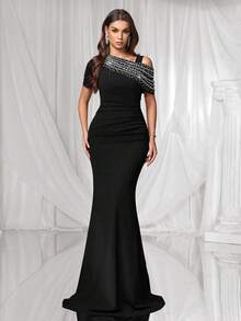 Coutiva Women's Elegant Faux Pearl & Rhinestone Decor Fish Tail Hem Formal Evening Gown Women's Formal Evening Dress Gown (Heavy Embroidery) Women Rhinestone Embellished Sheer Black Long Evening Gown, Wedding Guest Dress, Elegant Evening Dress, Prom Dress, For Wedding Dress Waist And Chest Slimming, Party Dress, Formal Dress - Black - View 8