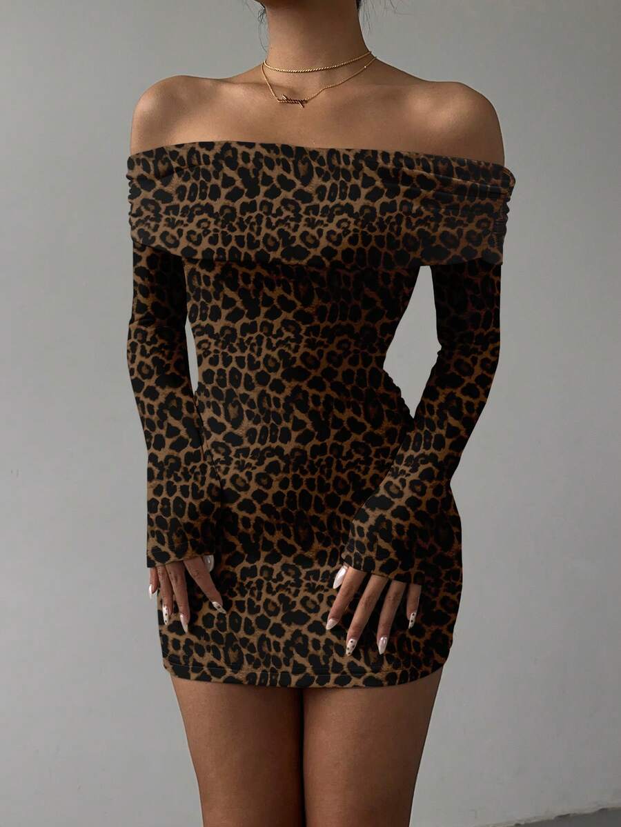 Aloruh 女士休闲优雅露肩修身露背长袖迷你连衣裙，性感豹纹印花 - 彩色 - 查看 1