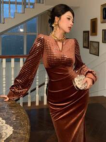 DAZY Elegant Patchwork Pleated Sequin Collar Midi Dress For Women, Autumn - Brown - View 6