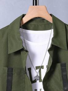 SHEIN Vacaura 3 件套青少年男孩休闲装：领背心、短袖 T 恤和口袋工装裤，春夏 - 軍綠色 - 查看 6