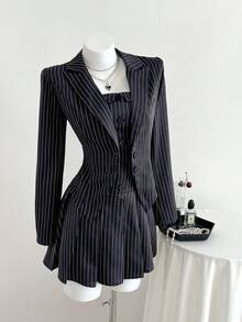Elamini 2pcs Women's Striped Suit Set: Black Lapel Blazer Jacket And Pleated Dress, Commuting & School Style For Autumn/Winter - Navy Blue - View 3