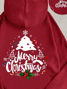 SHEIN Leap Crew 少女休闲复古圣诞树印花长袖连帽加厚卫衣，适合秋冬季、居家、圣诞派对穿着 - 酒紅色 - 查看 4
