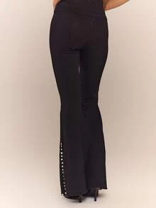 MUSERA 低腰针织珍珠母贝纽扣装饰喇叭裤套装（仅下装）秋冬晚装优雅性感圣诞派对场合高级新年