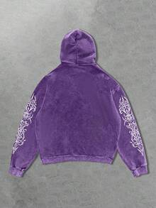 ROMWE MEN Spring Casual Graphic Snowflake Gothic Print Hooded Sweatshirt For Men, No Pocket, Long Sleeve Top - Purple - View 2