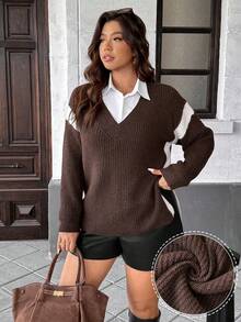 Easura كنزة صوفية كاجوال فضفاضة بياقة على شكل V وألوان متباينة للنساء، شتوي - قهوة بني - مشاهدة 4