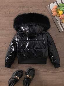 女童黑色连帽加厚高腰罗纹修身时尚羽绒服，秋冬季休闲百搭外套，儿童黑色夹克，女童黑色夹克，儿童飞行员夹克 - 黑色 - 查看 2
