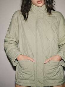 Lumivelle 女士常规版型秋冬绗缝浅肩3D葫芦花优雅浅绿色假日外套，宽松休闲通勤百搭绗缝大衣