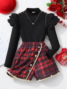 Elladie kids Girls Solid Color Ribbed Collar Ruffle Trim Long Sleeve Top + Plaid Button Decor Skort, Casual Daily Outfit - Black - View 3
