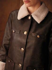 MOTF PREMIUM CHIC FAUX SHEARLING COLLAR & CUFFS 3/4 SLEEVE PU JACKET, AUTUMN/WINTER - Coffee Brown - View 3