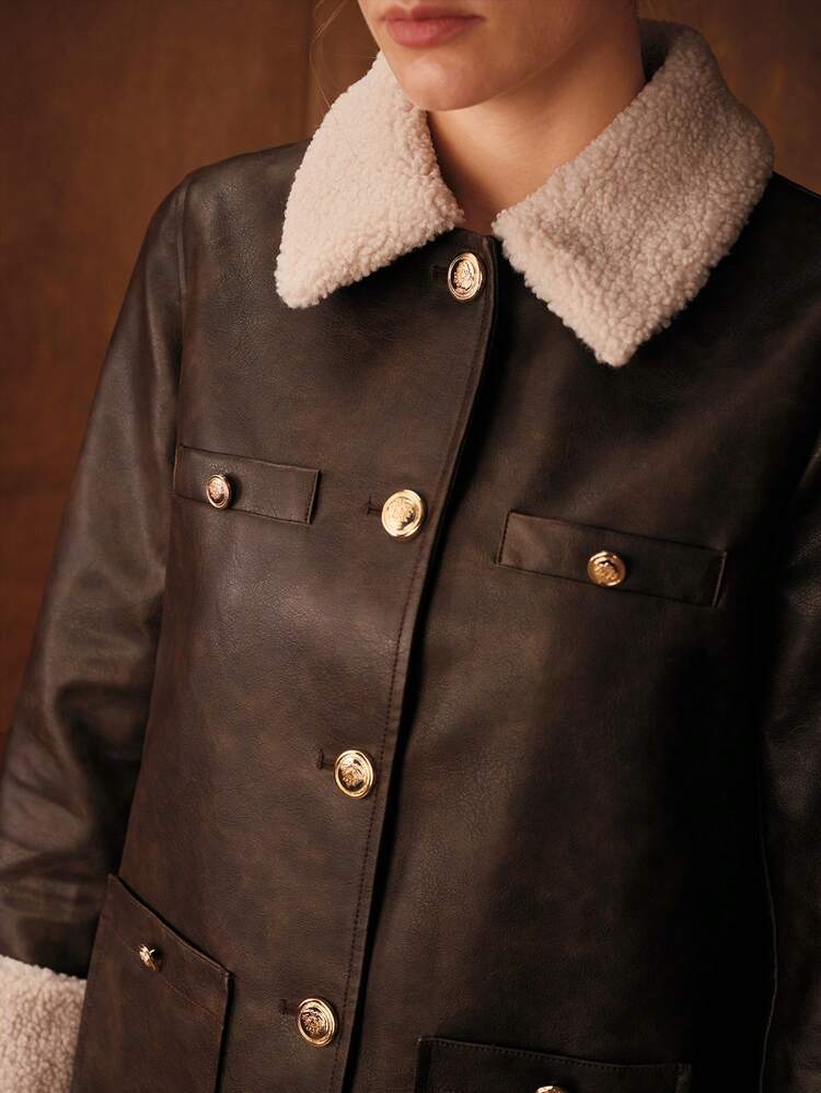 CHIC FAUX SHEARLING COLLAR & CUFFS 3/4 SLEEVE PU JACKET, AUTUMN/WINTER