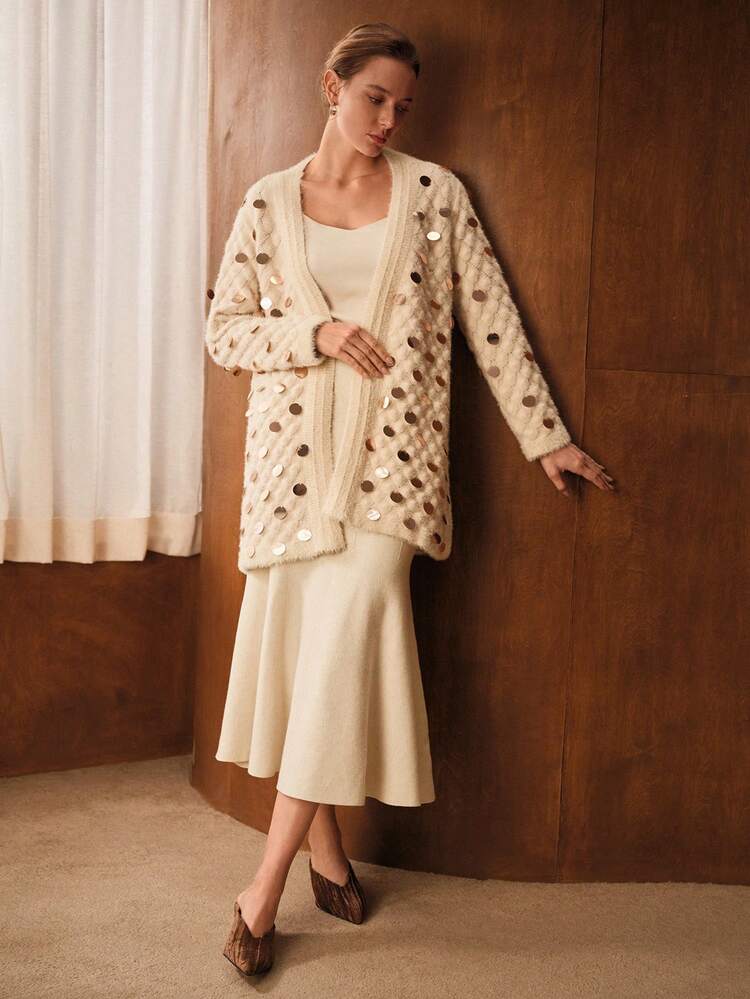 SEQUIN TEXTURE KNIT BELTED CARDIGAN
