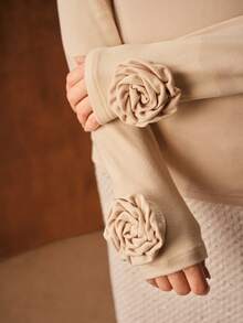 MOTF PREMIUM 高领百搭日常时尚简约打底衫，3D立体花卉袖子，修身剪裁，弹力面料，女士长袖T恤，可内搭外穿 - 杏色 - 查看 3