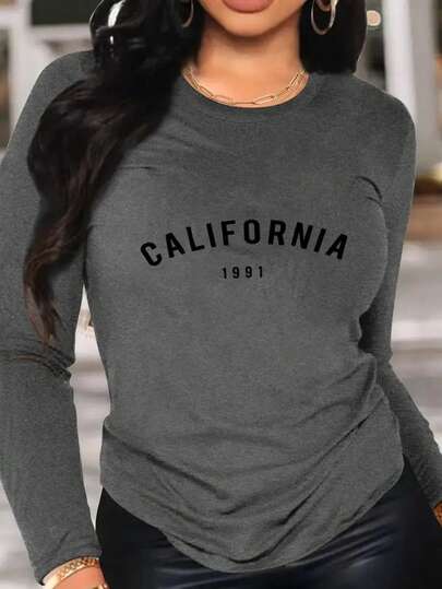 Playera camiseta gráfica dama mujer manga larga cuello redondo básica cómoda fresca ligera moderna juvenil casual urbana suave frío estampado california los angeles letras ciudad america