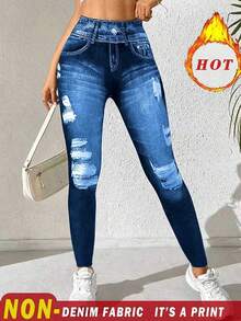 EMERY ROSE Women's Casual Denim Effect Thermal Lined Leggings, Autumn/Winter - Blue - View 3