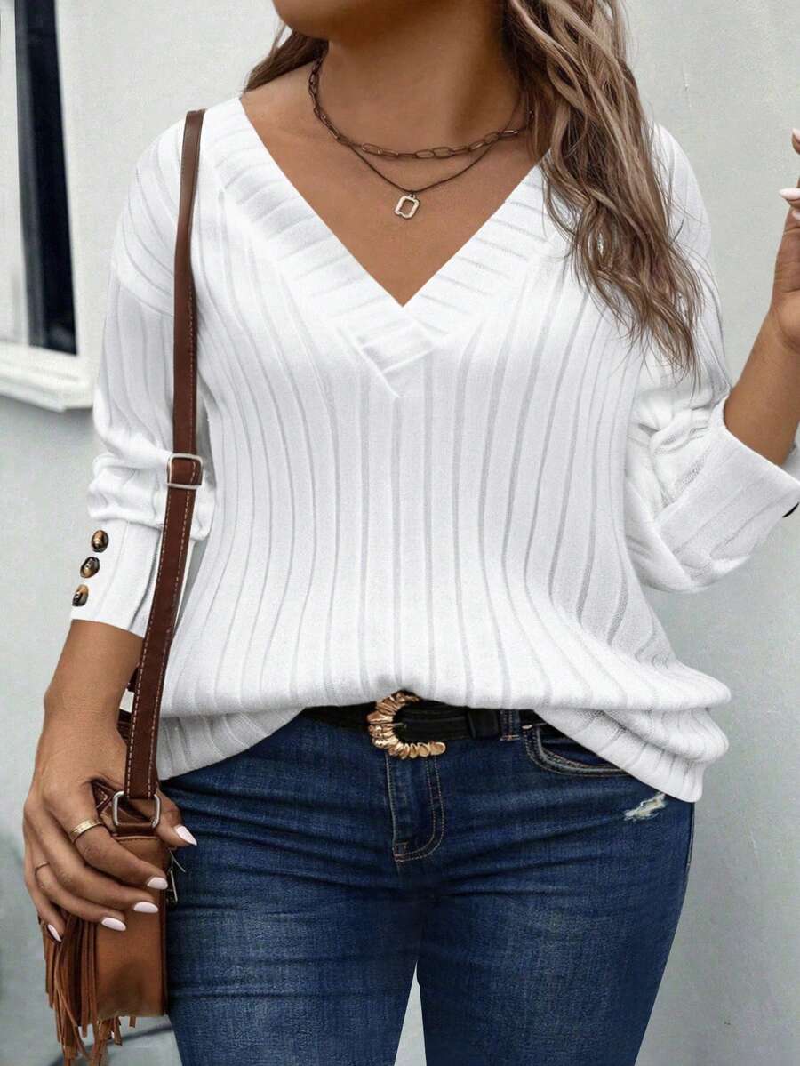 EMERY ROSE Women's Autumn/Winter V-Neck Ribbed Knit Long Sleeve Plus Size T-Shirt - White - View 1