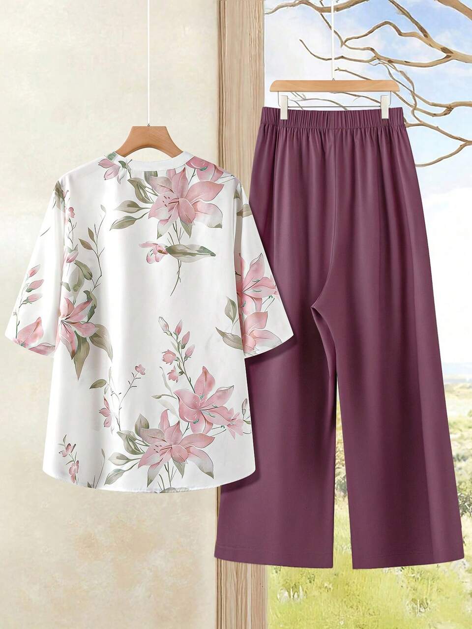 Plus Size Summer Casual Floral Print Shirt And Pants 2 Pieces Set Blouse Outfit For Women Clothes,Flower/Vacation/Spring Zweiteiler Damen Große Größen