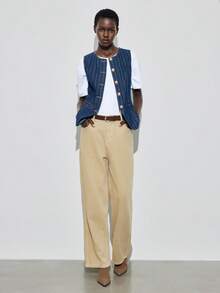 Maija Áo denim không tay cổ tròn in họa tiết sọc cài nút phía trước cho nữ - Rửa trung bình - Xem 7