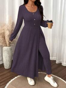 SHEIN LUNE Plus Size Women Solid Color Fuzzy Ribbed Minimalist Casual Autumn/Winter Top And Slim Fit Pants Set - Purple - View 5