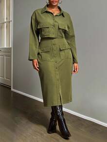 Slaydiva 秋冬新款女装，音乐节万圣节服装，生日裙，日常休闲装，度假，邮轮旅行，海滩，日光浴，爆款绿色实用口袋长袖短款衬衫和裙子，大码家居服套装 - 綠色 - 查看 7