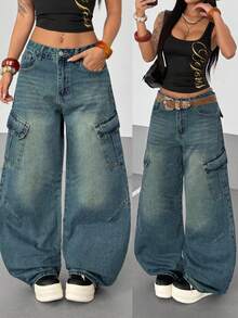 StreetHx Women's Fashion Loose Fit Belted Cargo Style Jeans