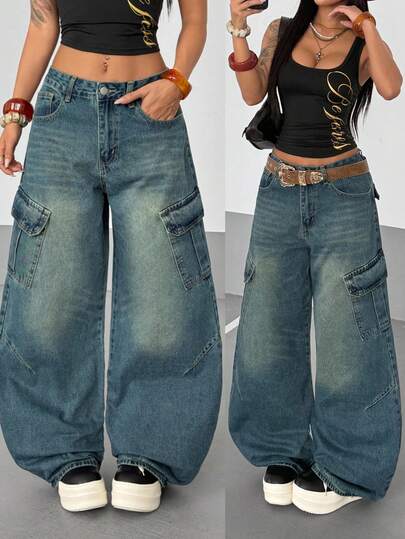 StreetHx 女士时尚宽松束带工装牛仔裤