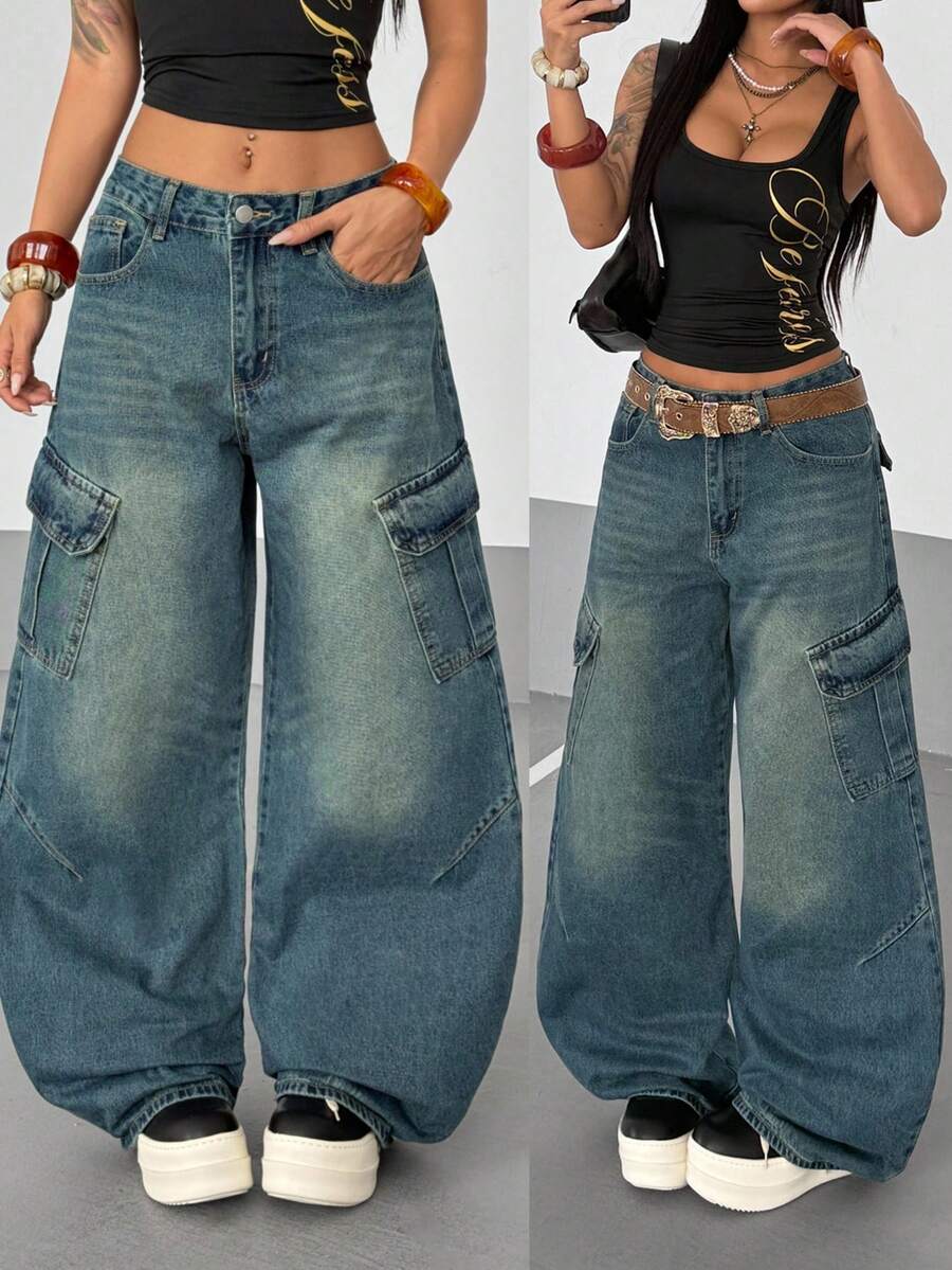 StreetHx Women's Fashion Loose Fit Belted Cargo Style Jeans