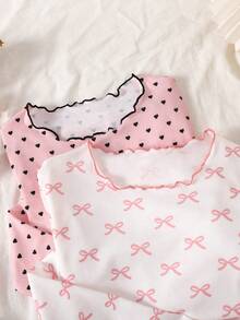 SHEIN 4pcs Tween Girls' Soft & Comfortable Pajama Set With Pink Bow & Black Polka Dot Print, Long Sleeve Top And Pants, Autumn/Winter Home Wear Girls Pajama Set Heart Print Pajama Set Two Piece Sleep Set Girls Sleepwear Bows Pajama Set