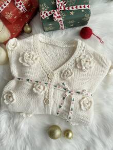 Comfortcana 大码休闲圣诞手工花卉V领落肩长袖纽扣针织开衫 - 米色 - 查看 7