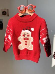 SHEIN Áo len Giáng sinh đỏ Unisex cho bé, Áo chui đầu cổ tròn dệt kim Jacquard hình người bánh gừng và bông tuyết, Quần áo mùa đông dễ thương cho bé, Giáng sinh đầu tiên của tôi - Nhiều màu - Xem 5