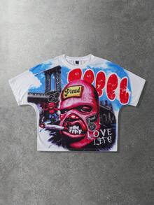 ROMWE MEN Street Life 男士休闲宽松圆领短袖T恤，印花图案 - 白色 - 查看 1