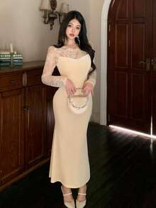 DAZY Vestido de media longitud con forro térmico, encaje y parches, estilo de cola de pez para mujer en otoño - Beis - Ver 9