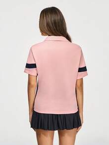 SHEIN Sovereign Charm Camisa polo deportiva de mujer con bloques de color rosa y azul marino, top deportivo de manga corta, ropa deportiva casual de golf y tenis, tenis rosa, tops de tenis, camisa de tenis - Rosa - Ver 2