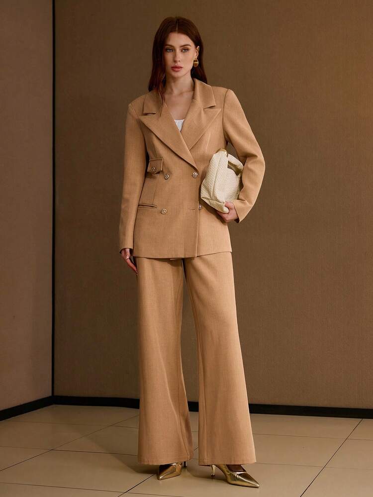 KHAKI MINIMALIST WIDE LEG SUIT PANTS