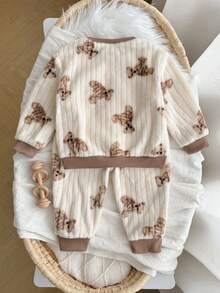 Loomiva 2件套男婴卡通熊图案抓绒圆领长袖卫衣和松紧腰裤套装 - 彩色 - 查看 2